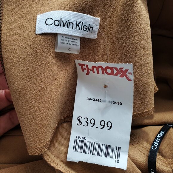 Calvin Klein NWT Career Dress Tulip Hem Tie Front Short Sleeve Deep Tan Size 4 - Picture 8 of 16